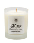 "Scented candle: frosted white glass jar with white label reading 'Effime Home Fragrance Coconut Lime'.
Luxury Fresh and Fruity home fragrance"
