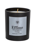 "Scented candle: Black glass jar with silver label reading 'Effime Home Fragrance Cosy'.
Luxury Spicy, Woody, Fruity home fragrance"