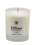"Scented candle: frosted white glass jar with white label reading 'Effime Home Fragrance Cosy'.
Luxury Spicy, Woody, Fruity home fragrance"