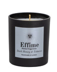 Scented candle: Black glass jar with silver label reading 'Effime Home Fragrance Dark Honey & Tobacco'.
Luxury fresh and musky home fragrance