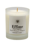 Scented candle: Frosted glass jar with white label reading 'Effime Home Fragrance Dark Honey & Tobacco'.
Luxury fresh and musky home fragrance
