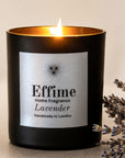 Effime Home Lavender scented soy candle in a matt black glass jar with lavender flower