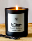 Effime Home Vanilla Tobacco scented soy lit candle in a matt black glass jar