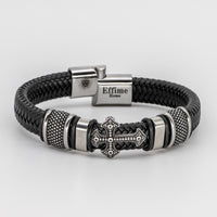 Stainless Steel Cross Black Leather Braid Bracelet
