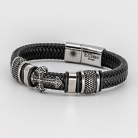 Stainless Steel Cross Black Leather Braid Bracelet