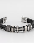 Stainless Steel Cross Black Leather Braid Bracelet