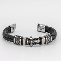 Stainless Steel Cross Black Leather Braid Bracelet