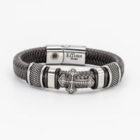 Stainless Steel Cross Brown Leather Braid Bracelet