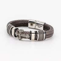 Stainless Steel Cross Brown Leather Braid Bracelet