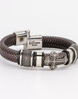 Stainless Steel Cross Brown Leather Braid Bracelet