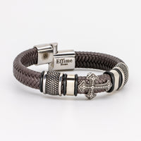 Stainless Steel Cross Brown Leather Braid Bracelet