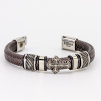 Stainless Steel Cross Brown Leather Braid Bracelet