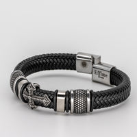Stainless Steel Cross Black Leather Braid Bracelet