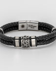 Stainless Steel Cracked Black Leather Bracelet