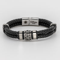 Stainless Steel Cracked Black Leather Bracelet