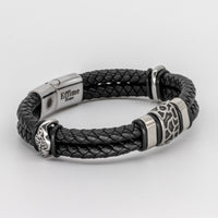Stainless Steel Cracked Black Leather Bracelet