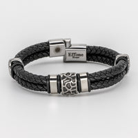 Stainless Steel Cracked Black Leather Bracelet