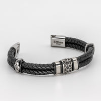 Stainless Steel Cracked Black Leather Bracelet