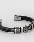 Stainless Steel Cross Black Leather Braid Bracelet