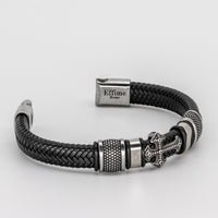 Stainless Steel Cross Black Leather Braid Bracelet