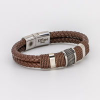 Double Brown Leather Braided Triple Steel Bracelet