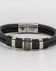 Double Black Leather Braided Triple Steel Bracelet