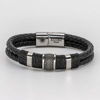 Double Black Leather Braided Triple Steel Bracelet