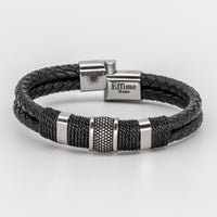 Double Black Leather Braided Triple Steel Bracelet
