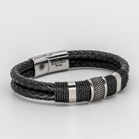Double Black Leather Braided Triple Steel Bracelet