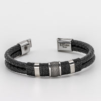 Double Black Leather Braided Triple Steel Bracelet