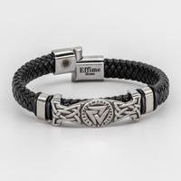 Valknut Bracelet Stainless Steel Black Braid Leather