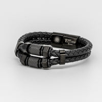Black Stainless Steel Hexagon Black Leather Bracelet