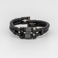 Black Stainless Steel Hexagon Black Leather Bracelet