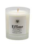 "Scented candle: frosted white glass jar with white label reading 'Effime Home Fragrance Lavender'.
Luxury Spicy and floral home fragrance"