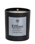 "Scented candle: Black glass jar with silver label reading 'Effime Home Fragrance Lavender'.
Luxury Spicy and floral home fragrance"