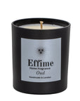 "Scented candle: Black glass jar with silver label reading 'Effime Home Fragrance Oud'.
Luxury Spicy and Woody home fragrance"