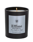 "Scented candle: Black glass jar with silver label reading 'Effime Home Fragrance Sea Salt & Sage'.
Luxury Fresh and spicy home fragrance"