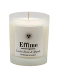 "Scented candle: frosted white glass jar with white label reading 'Effime Home Fragrance Tonka Bean & Myrrh'.
Luxury fruity and Woody home fragrance"