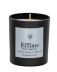 "Scented candle: Black glass jar with silver label reading 'Effime Home Fragrance Tonka Bean & Myrrh'.
Luxury fruity and Woody home fragrance"