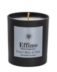 Scented candle: Black glass jar with silver label reading 'Effime Home Fragrance Velvet Rose & Oud'.
Luxury Floral and Woody home fragrance