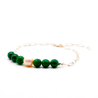 Jade Agate and Pearl with Chain Link Silver Bracelet