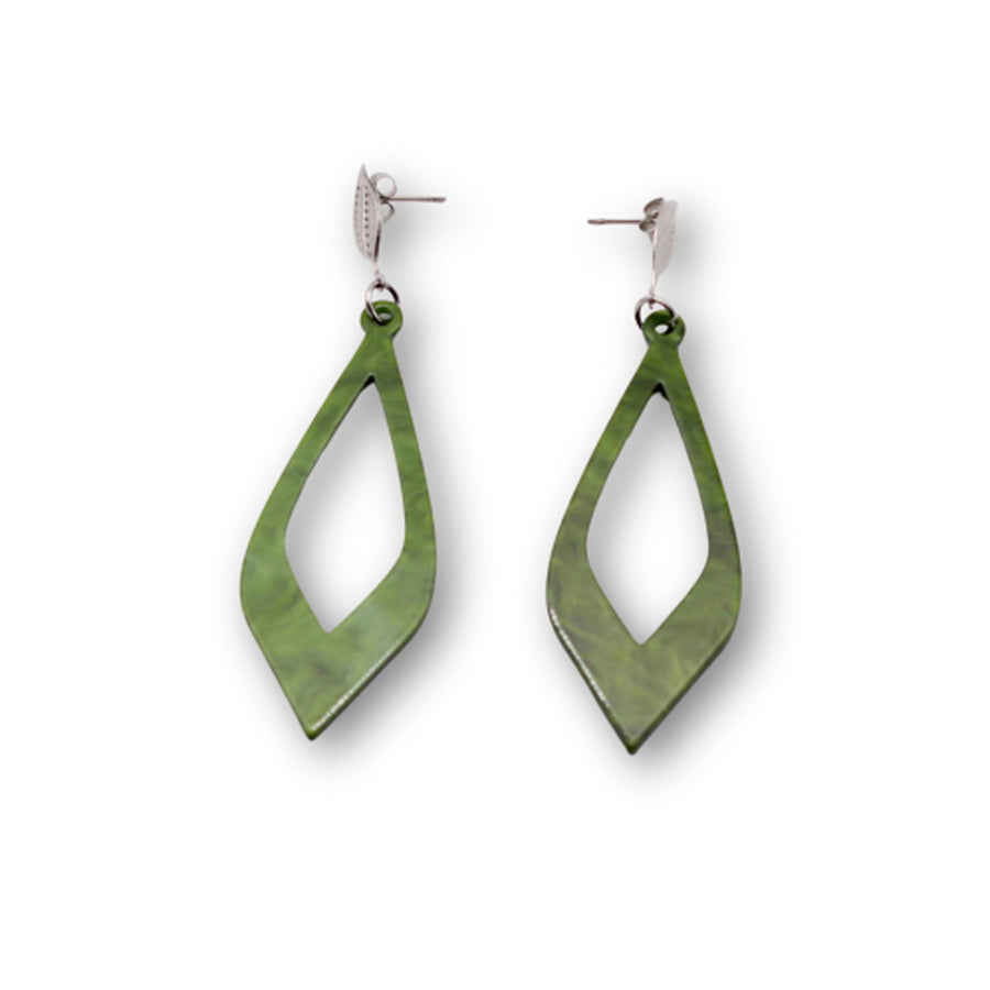 Green Resin Leaf with Stainless Steel Leaf Top Earrings