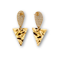 Hammered Gold Triangle with Gold Net Drop Top Earrings