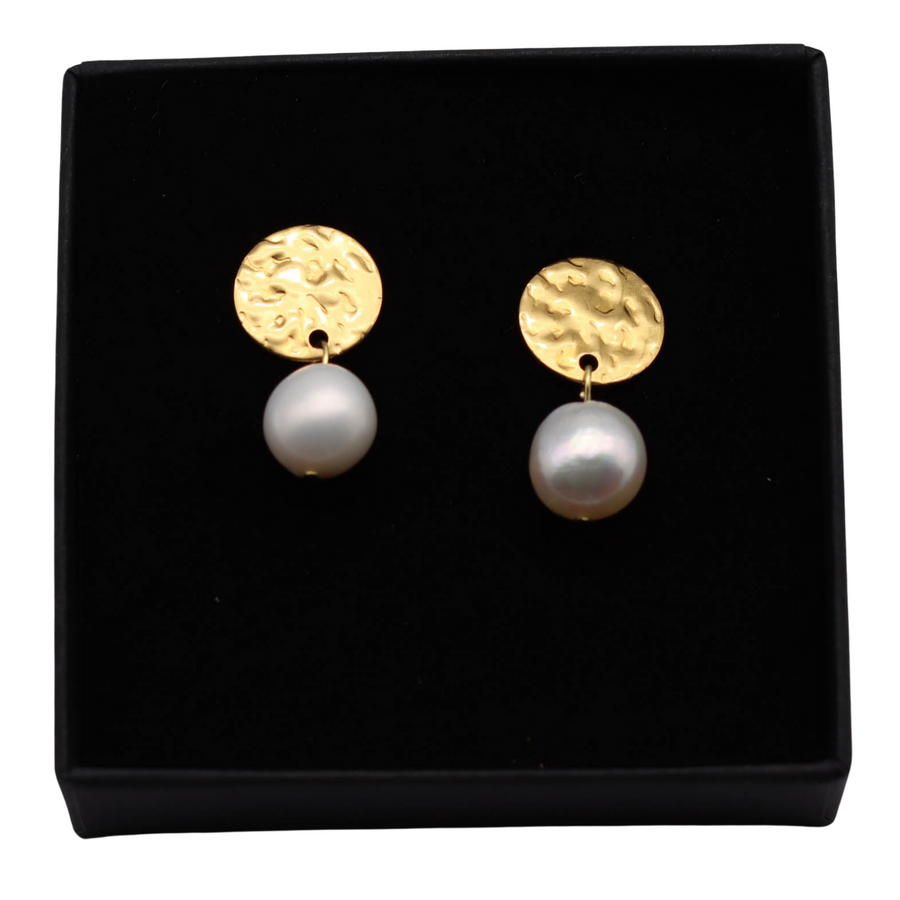 Hammered Disc Pearl Earrings