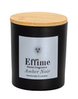 "Scented candle: Black glass jar with silver label reading 'Effime Home Fragrance Amber Noir'. 
Luxury Spicy and Woody home fragrance"