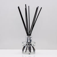 Crisp uplifting aromas of wild meadow flowers and morning dew, nestled on a bed of sweet amber Luxury long lasting Bouquet reed diffuser with natural black sticks in a 100ml clear glass bottle with silver top.