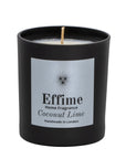 "Scented candle: Black glass jar with silver label reading 'Effime Home Fragrance Coconut Lime'. 
Luxury  Fresh and Fruity home fragrance"