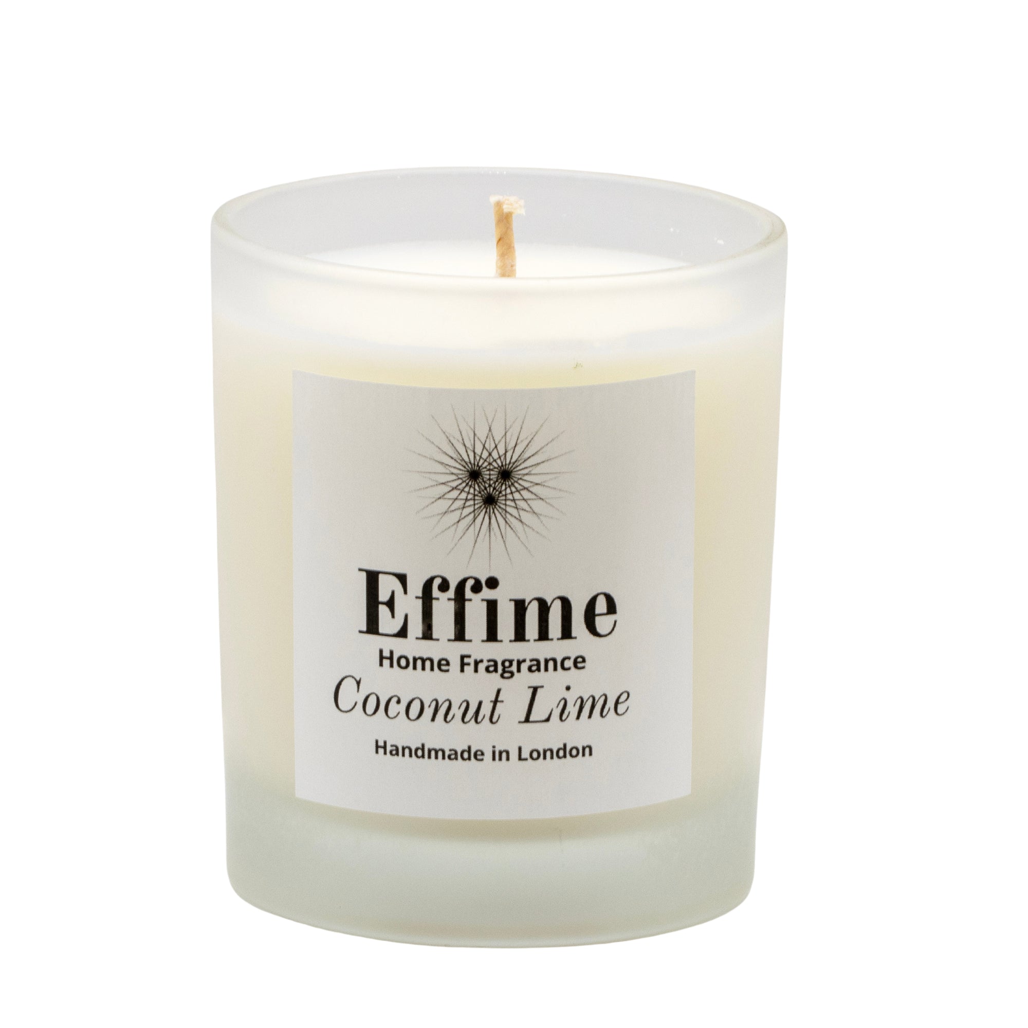 "Scented candle: frosted white  glass jar with white label reading 'Effime Home Fragrance Coconut Lime'. 
Luxury  Fresh and Fruity home fragrance"