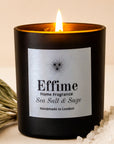 Effime Home Sea Salt & Sage scented soy lit candle in a matt black glass jar with sea salt and sage