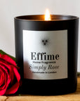 Effime Home Simply Rose scented soy lit candle in a matt black glass jar with rose flower